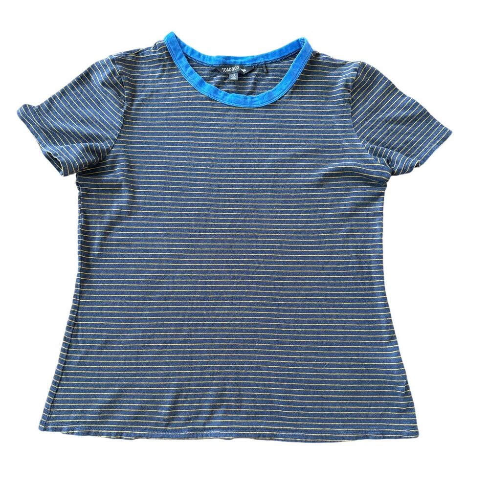 Toad&Co Blue Striped Short Sleeve Tee with Bright Blue Neck